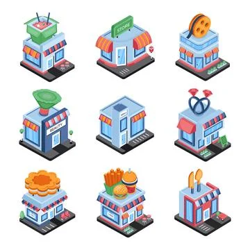 Set of Shops and Outlets Isometric Icons Stock Illustration