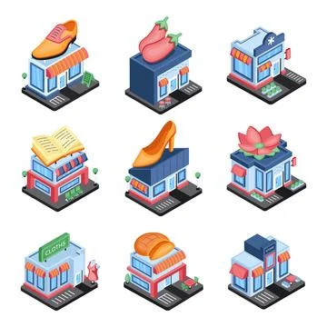Set of Shops and Retail Isometric Icons Stock Illustration