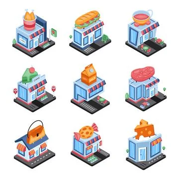 Set of Shops and Stores Isometric Icons Stock Illustration