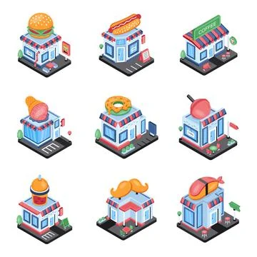 Set of Shops Isometric Icons Stock Illustration