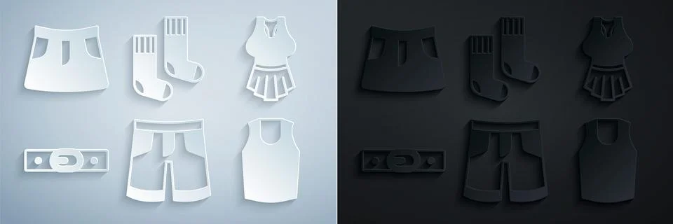 Set Short or pants, Undershirt, Belt, Socks and Skirt icon. Vector Stock Illustration