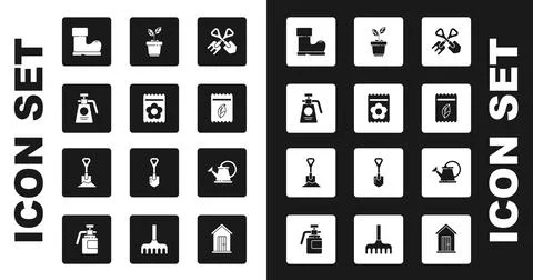 Set Shovel and rake, Pack full of seeds of plant, Garden sprayer for fertilizer Illustration