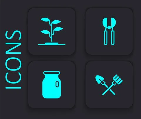 Set Shovel and rake, Sprout, Gardening scissors and Glass jar with screw-cap Illustration