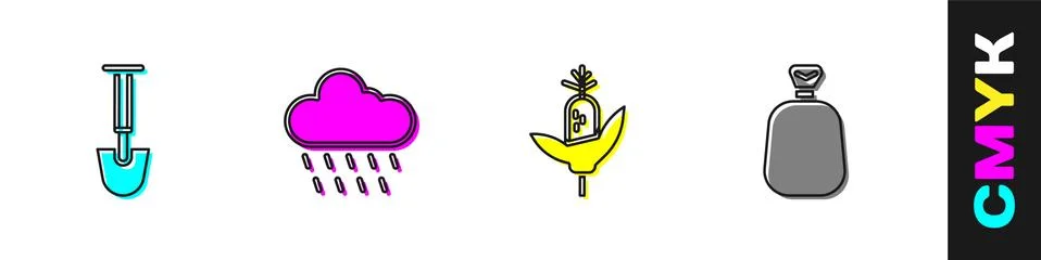 Set Shovel, Cloud with rain, Corn and Full sack icon. Vector Illustrazione stock