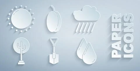 Set Shovel, Cloud with rain, Tree, Water drop, Plum fruit and Sun icon. Vector 스톡 일러스트