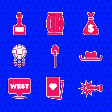 Set Shovel, Deck of playing cards, Spur, Western cowboy hat, Pointer to wild Illustrazione stock