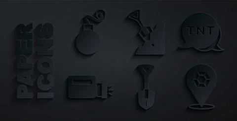 Set Shovel, Dynamite, Flashlight, Gem stone, and and Bomb icon. Vector Stock Illustration