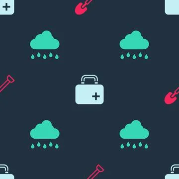 Set Shovel, First aid kit and Cloud with rain on seamless pattern. Vector Stock Illustration