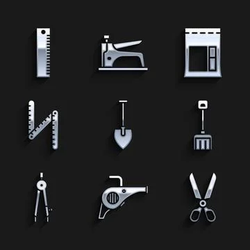 Set Shovel, Leaf garden blower, Scissors, Snow shovel, Drawing compass, Folding Illustration