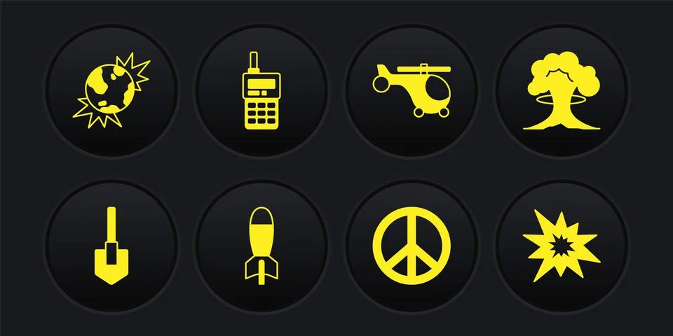 Set Shovel, Nuclear explosion, Rocket launcher, Peace, Helicopter, Walkie tal Stock Illustration