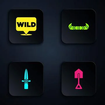 Set Shovel, Pointer to wild west, Dagger and Kayak or canoe and paddle. Black Illustrazione stock