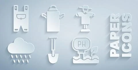 Set Shovel, Scarecrow, Cloud with rain, Soil ph testing, Can container for milk Stock Illustration