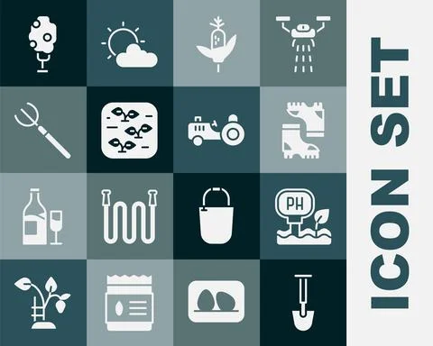 Set Shovel, Soil ph testing, Waterproof rubber boot, Corn, Plant, Garden Stock Illustration