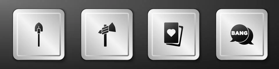 Set Shovel, Tomahawk axe, Deck of playing cards and Bang boom, gun Comic icon Illustrazione stock