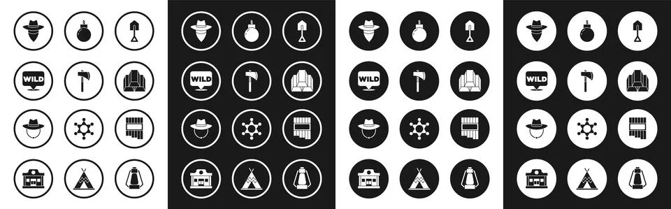 Set Shovel, Tomahawk axe, Pointer to wild west, Cowboy, Gold bars, Bomb ready Ilustración de archivo