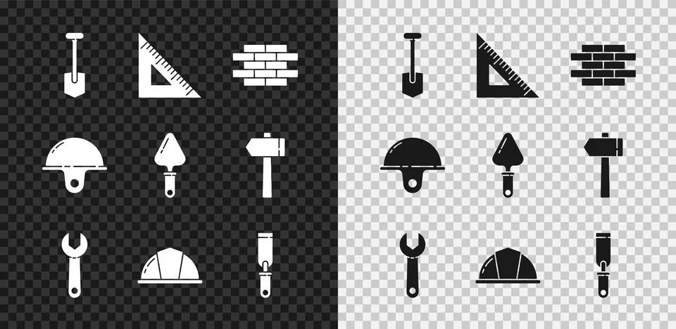Set Shovel, Triangular ruler, Bricks, Wrench spanner, Worker safety helmet, Rasp Stock Illustration