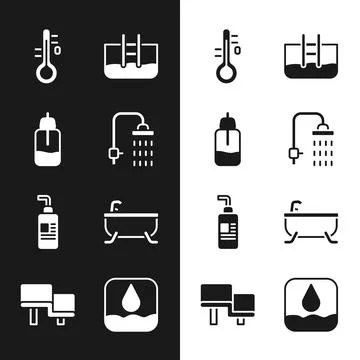 Set Shower, Essential oil bottle, Sauna thermometer, Swimming pool with lad.. Stock Illustration
