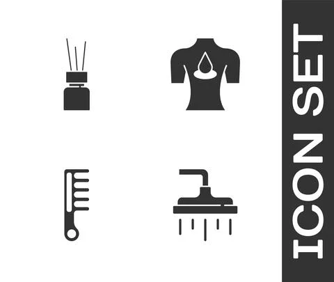 Set Shower head, Aroma diffuser, Hairbrush and Massage with aroma oils icon 스톡 일러스트