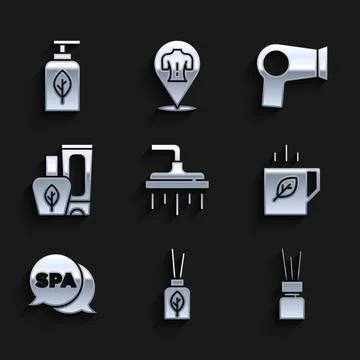 Set Shower head, Aroma diffuser, Cup of tea and leaf, Spa salon, Ointment cream Stock Illustration