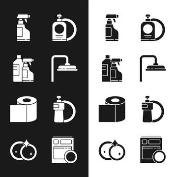 Set Shower head, Bottles for cleaning agent, Spray bottle with detergent li.. Stock Illustration