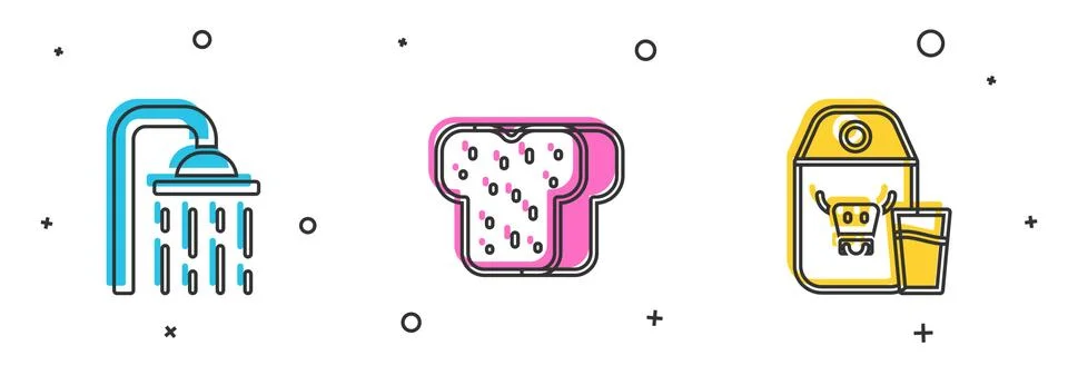 Set Shower head, Bread toast and Paper package for milk icon. Vector イラスト素材