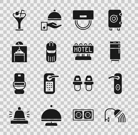 Set Shower head, Door handle, Refrigerator, Bellboy hat, Trash can, Lift Illustration