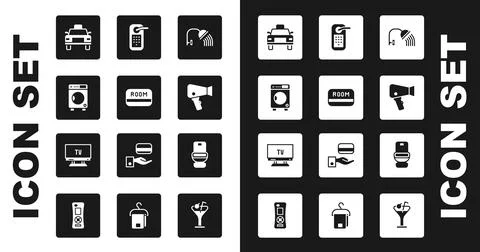 Set Shower head, Hotel key card, Washer, Taxi, Hair dryer, Digital door lock Illustration