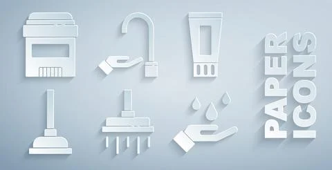 Set Shower head, Tube of toothpaste, Rubber plunger, Washing hands with soap 스톡 일러스트