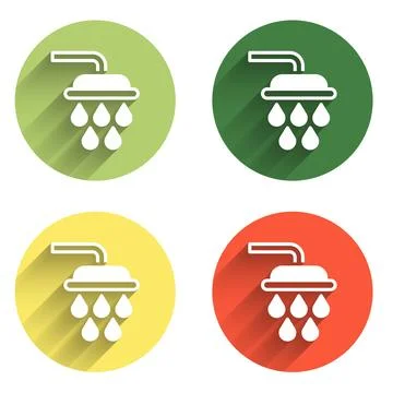 Set Shower head with water drops flowing icon isolated with long shadow bac.. Stock Illustration