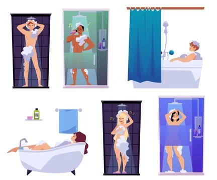 Set of shower people flat style, vector illustration Stock Illustration
