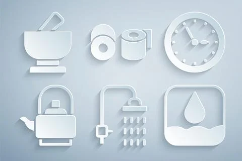 Set Shower, Sauna clock, Kettle with handle, Water drop, Toilet paper roll .. Illustration