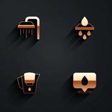 Set Shower, Water filter cartridge, jug with and drop location icon with long Illustration