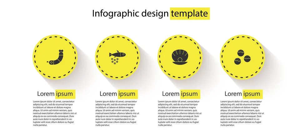 Set Shrimp, Fish with caviar, Shell pearl and Takoyaki. Business infographic Stock Illustration