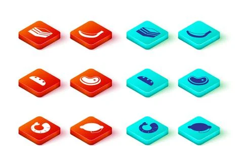 Set Shrimp, Lemon, Bread loaf, Steak meat, Banana and Piece of cake icon. Vector 스톡 일러스트