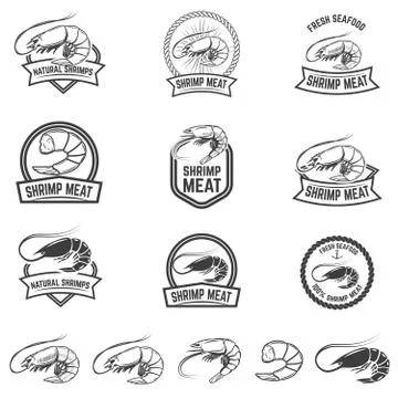 Set of shrimp meat emblems. Fresh seafood. Design elements for l Stock Illustration