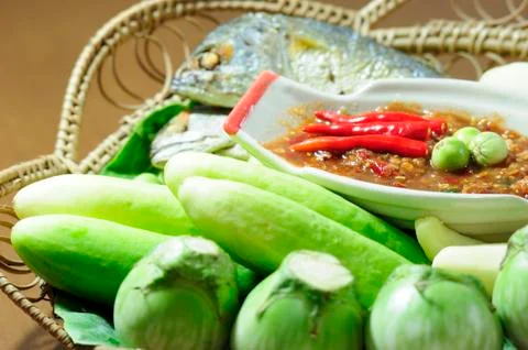Set of shrimp paste chilli sauce cook via shrimp paste , THAI food culture Stock Photos