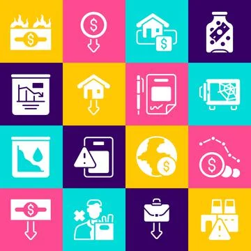 Set Shutdown of factory, Dollar rate decrease, Safe, Hanging sign with Sale Stock Illustration