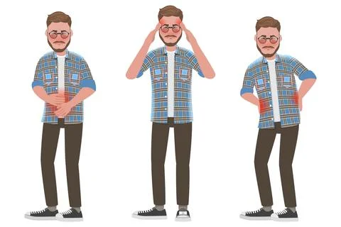 Set of Sick Man with Pain in Different Parts of the Body. Stock Illustration
