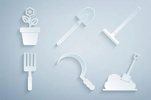 Set Sickle, Garden rake, fork, Shovel in the ground, shovel and Flower pot icon Illustration