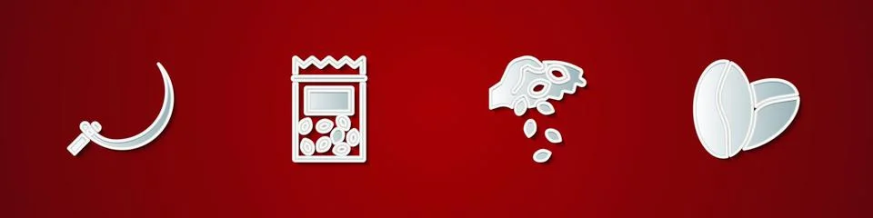 Set Sickle, Pack full of seeds of plant, Seed and Coffee beans icon. Vector Stock Illustration