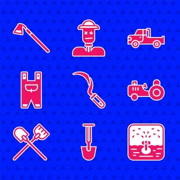 Set Sickle, Shovel, Automatic irrigation sprinklers, Tractor, Garden worker Stock Illustration