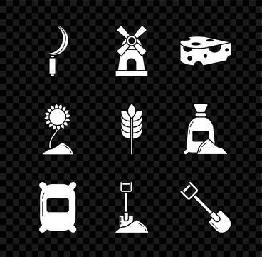 Set Sickle, Windmill, Cheese, Bag of flour, Shovel the ground, Sunflower an.. Illustration