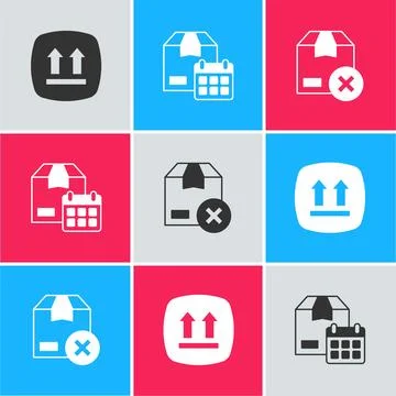 Set This side up, Cardboard box with calendar and Carton cardboard icon. Vect Stock Illustration