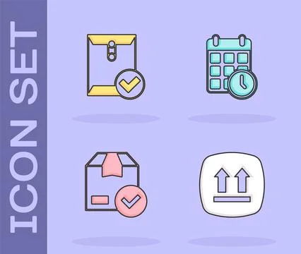 Set This side up, Envelope and check mark, ackage box with and Cardboard Stock Illustration