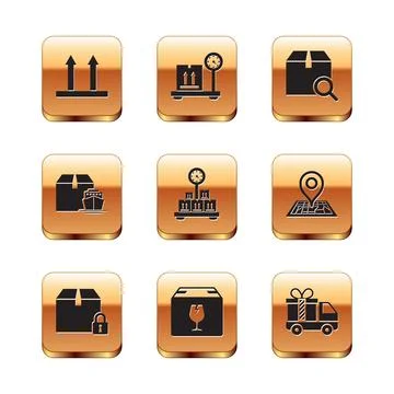 Set This side up, Locked package, Delivery box with fragile content, Scale 스톡 일러스트