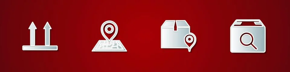 Set This side up, Placeholder on map, Location with cardboard box and Search Stock Illustration