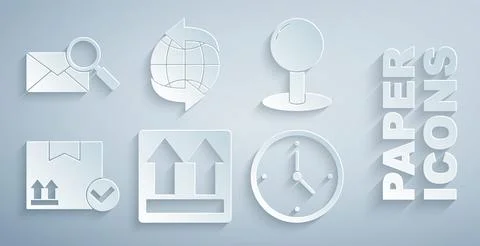 Set This side up, Push pin, Package box with check mark, Fast time delivery.. Stock Illustration