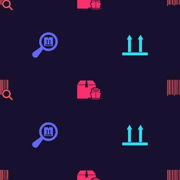 Set This side up, Search package, Cargo ship with boxes and barcode on seamless Stock Illustration