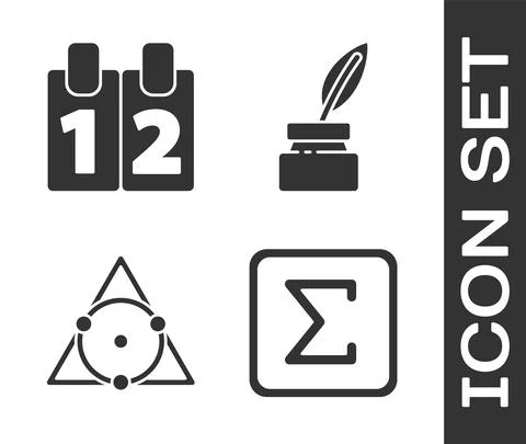 Set Sigma symbol, Calendar, Triangle math and Feather and inkwell icon. Vector 스톡 일러스트