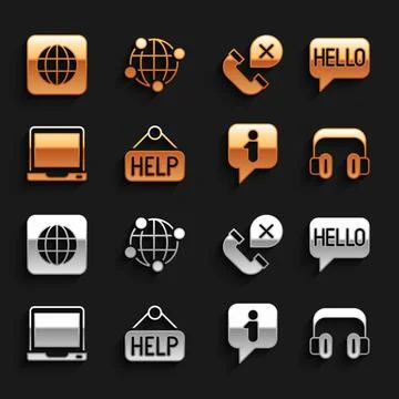 Set Signboard with text Help, Hello in different languages, Headphones Stock Illustration